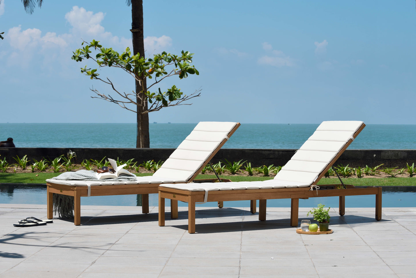 Louisiana Teak Finish Wheel Lounger With Cushion - 2 Piece