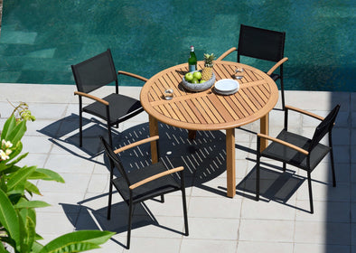 Oldbury Round Finish Table & 4 Vera Stacking Armchair